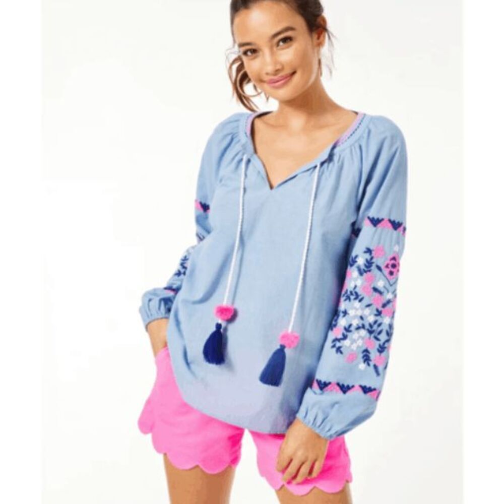 Lilly Pulitzer Keela Embroidered Tassel Top in Bluebell Chambray Blue Size Small
